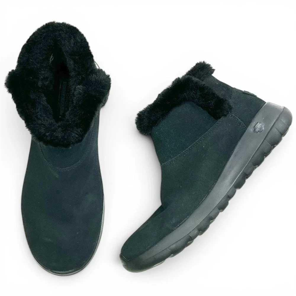Skechers Black On-The-Go Joy Boots Kids Size 7 Suede Faux Fur 15501SA